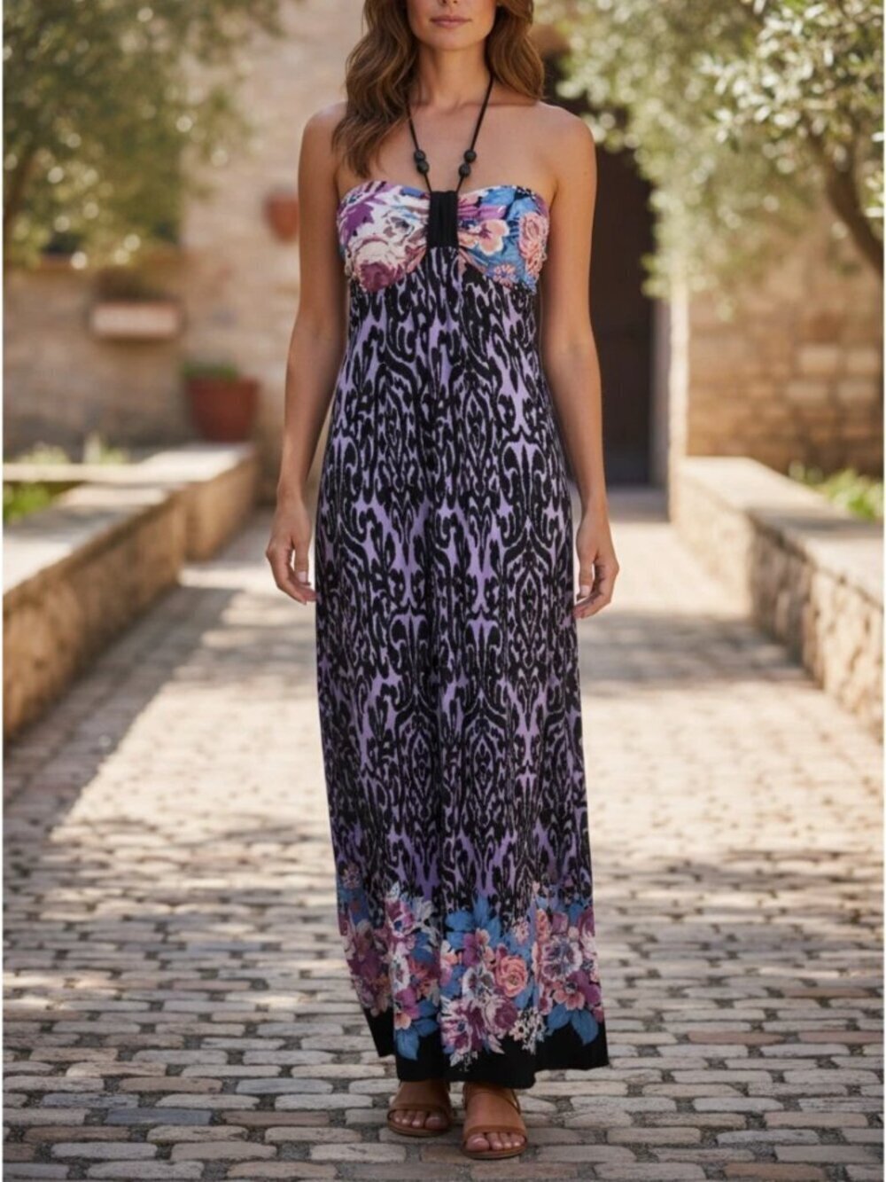 SAINT TROPEZ WEST ROSE BAROQUE SCROLL PURPLE HALTER MAXI DRESS